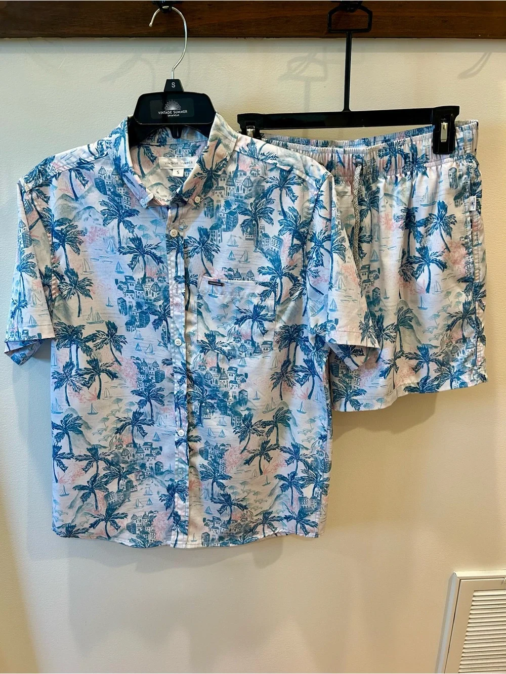 VINTAGE SUMMER Matching Cabana Set Palm Tree Swim Trunks & Button Up Shirt S